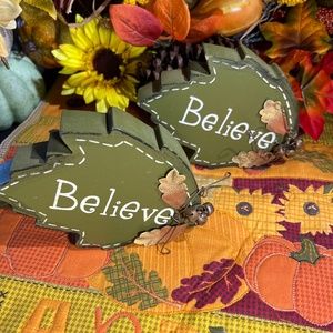 Fall Decor Set of 2 Wooden Leaf Shape Believe Sit About